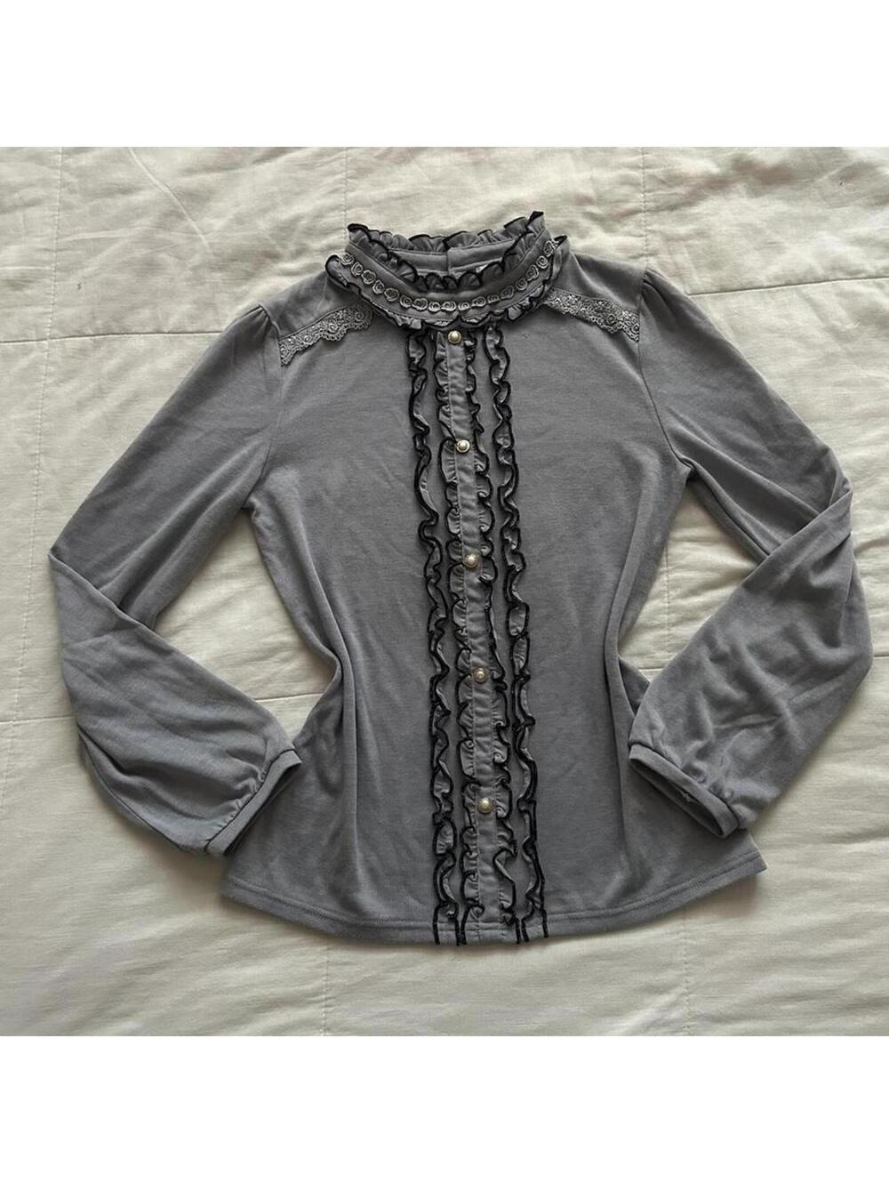 Axes Femme Grey Blue Ruffle Button Long Sleeve Top Coquette Medium